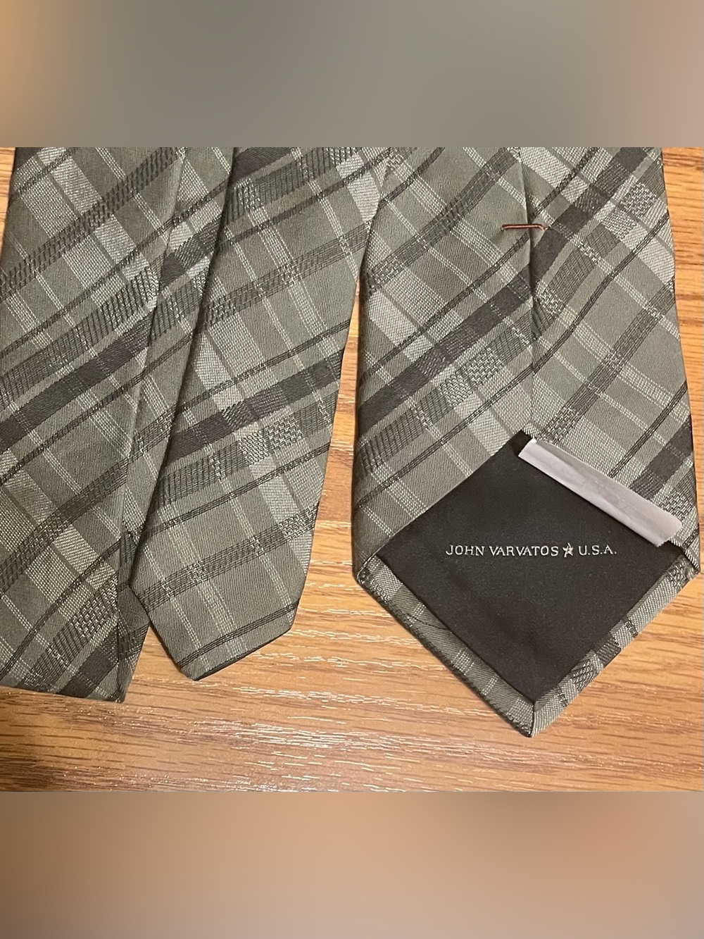 John Varvatos Silk and Cotton Olive Green Plaid Tie